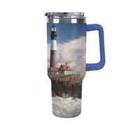 DWTJKMS Sea Lighthouse Gobelet en acier inoxydable étanche de grande capacité avec poignée et paille - Gobelet isotherme à double paroi sous vide - Réutilisable - Garde au froid ou au chaud - Bleu