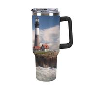 DWTJKMS Sea Lighthouse Gobelet en acier inoxydable étanche de grande capacité avec poignée et paille - Gobelet isotherme à double paroi sous vide - Réutilisable - Garde les boissons froides ou chaudes