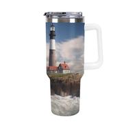DWTJKMS Sea Lighthouse Gobelet en acier inoxydable étanche de grande capacité avec poignée et paille - Gobelet isotherme à double paroi sous vide - Réutilisable - Garde les boissons froides ou chaudes