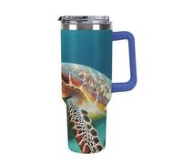 DWTJKMS Sea Turtle Gobelet en acier inoxydable étanche de grande capacité avec poignée et paille - Gobelet isotherme à double paroi sous vide - Réutilisable - Garde au froid ou au chaud - Bleu foncé