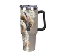 DWTJKMS Shih Tzu Gobelet en acier inoxydable pour chien - 1200 ml - Anti-fuite - Grande capacité - Tasse de voiture avec poignée et paille - Gobelet isotherme à double paroi sous vide - Réutilisable