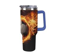 DWTJKMS Soccer Flame Gobelet en acier inoxydable étanche de grande capacité avec poignée et paille - Gobelet isotherme à double paroi sous vide - Réutilisable - Garde au froid ou au chaud - Bleu foncé