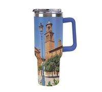 DWTJKMS Spanish Cities Gobelet en acier inoxydable étanche de grande capacité avec poignée et paille - Tasse isotherme à double paroi sous vide - Réutilisable - Garde au froid ou au chaud - Bleu foncé