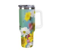 DWTJKMS Spring Butterfly Gobelet en acier inoxydable étanche de grande capacité avec poignée et paille - Tasse isotherme à double paroi sous vide - Réutilisable - Garde le froid ou le chaud - Style