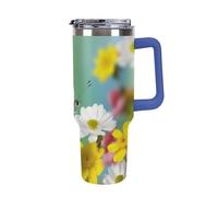 DWTJKMS Spring Butterfly Gobelet en acier inoxydable étanche de grande capacité avec poignée et paille - Tasse isotherme à double paroi sous vide - Réutilisable - Garde au froid ou au chaud - Style