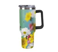 DWTJKMS Spring Butterfly Gobelet en acier inoxydable étanche de grande capacité avec poignée et paille - Tasse isotherme à double paroi sous vide réutilisable pour garder le froid ou le chaud - Style