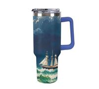 DWTJKMS Stormy Waves Gobelet en acier inoxydable étanche de grande capacité avec poignée et paille - Gobelet isotherme à double paroi sous vide pour garder au froid ou au chaud - Bleu foncé - 1200 ml