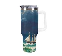DWTJKMS Stormy Waves Gobelet isotherme en acier inoxydable avec poignée et paille - Gobelet isotherme à double paroi réutilisable pour garder les boissons froides ou chaudes - Motif bateau à voile