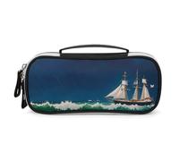 DWTJKMS Stormy Waves Trousse de maquillage vintage en cuir avec motif voilier et petite trousse de toilette étanche, pinceaux, crayons et accessoires de maquillage de voyage