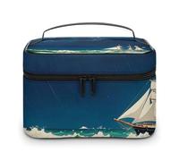 DWTJKMS Stormy Waves Trousse de maquillage vintage en forme de voilier avec poignée et séparateur de grande capacité pour femme