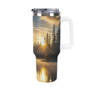 DWTJKMS Sunrise on The Lake Gobelet en acier inoxydable de 1200 ml - Anti-fuite - Grande capacité - Tasse de voiture avec poignée et paille - Gobelet isotherme à double paroi sous vide - Réutilisable