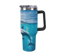 DWTJKMS Swimming Dolphin in Blue Sea Gobelet en acier inoxydable étanche de grande capacité avec poignée et paille - Tasse isotherme à double paroi sous vide - Réutilisable - Garde au froid ou au