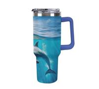 DWTJKMS Swimming Dolphin in Blue Sea Gobelet en acier inoxydable étanche de grande capacité avec poignée et paille - Gobelet isotherme à double paroi sous vide - Réutilisable - Garde au froid ou au