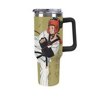 DWTJKMS Taekwondo Gobelet en acier inoxydable anti-fuite, grande capacité avec poignée et paille, gobelet isotherme à double paroi sous vide, réutilisable, garde froid ou chaud, noir