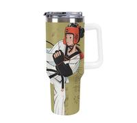 DWTJKMS Taekwondo Gobelet en acier inoxydable de 1200 ml - Anti-fuite - Grande capacité - Tasse de voiture avec poignée et paille - Gobelet isotherme à double paroi sous vide - Réutilisable - Garde