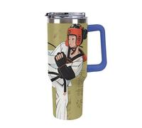 DWTJKMS Taekwondo Gobelet en acier inoxydable étanche de grande capacité avec poignée et paille - Gobelet isotherme à double paroi sous vide - Réutilisable - Garde au froid ou au chaud - Bleu foncé
