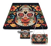 DWTJKMS Tapis de pique-nique coloré en forme de tête de mort, tapis de sable pliable et imperméable avec sac fourre-tout, grand tapis de pique-nique en plein air 147,3 x 147,3 cm, couverture de