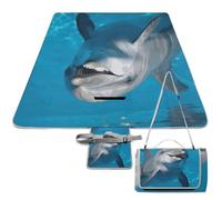 DWTJKMS Tapis de pique-nique en forme de dauphin avec un sourire, tapis de sable pliable et imperméable avec sac fourre-tout, grand tapis de pique-nique en plein air, 147,3 x 147,3 cm, couverture de