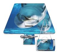 DWTJKMS Tapis de pique-nique en forme de dauphin avec un sourire, tapis de sable pliable et imperméable avec sac fourre-tout, grand tapis de pique-nique en plein air, 147,3 x 147,3 cm, couverture de