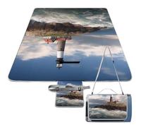 DWTJKMS Tapis de pique-nique en forme de phare de mer, tapis de sable pliable et imperméable avec sac fourre-tout, grand tapis de pique-nique en plein air 147,3 x 147,3 cm, couverture de camping pour