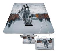 DWTJKMS Tapis de pique-nique motif cheval gris dans un paysage d'hiver enneigé, pliable et imperméable avec sac fourre-tout, grand tapis de pique-nique en plein air, 147,3 x 147,3 cm, couverture de