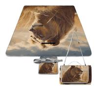DWTJKMS Tapis de pique-nique motif lion de prairie, tapis de sable pliable et imperméable avec sac fourre-tout, 147,3 x 147,3 cm, couverture de camping pour plage, parc, voyage