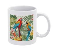 DWTJKMS Tasse à café en céramique blanche avec poignée motif de plantes tropicales et perroquets - Tasse fantaisie en porcelaine avec motif imprimé - Tasse à thé amusante pour homme et femme - Passe