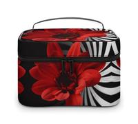 DWTJKMS Trousse de maquillage à fleurs rouges - Grande capacité - Trousse de toilette de voyage pour femme - Avec poignée et séparateur