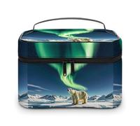 DWTJKMS Trousse de maquillage motif ours polaire Northern Lights - Grande capacité - Portable - Trousse de toilette de voyage pour femme avec poignée et séparateur