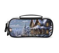 DWTJKMS Trousse de maquillage portable en cuir avec scène heureuse de Noël et d'hiver, trousse de toilette, pinceaux, crayons et accessoires de maquillage de voyage