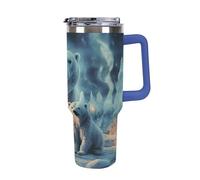 DWTJKMS Two Polar Bears Gobelet en acier inoxydable étanche de grande capacité avec poignée et paille - Gobelet isotherme à double paroi sous vide - Réutilisable - Garde au froid ou au chaud - Bleu