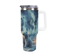 DWTJKMS Two Polar Bears Gobelet en acier inoxydable étanche de grande capacité avec poignée et paille - Gobelet isotherme à double paroi sous vide - Réutilisable - Garde le froid ou le chaud - Style