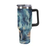 DWTJKMS Two Polar Bears Gobelet en acier inoxydable étanche de grande capacité avec poignée et paille - Gobelet isotherme à double paroi sous vide - Réutilisable - Garde les boissons froides ou