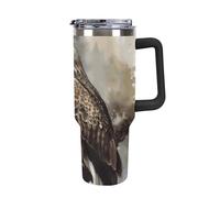 DWTJKMS Watercolor of Hawk Sitting Gobelet en acier inoxydable étanche de grande capacité avec poignée et paille - Tasse isotherme à double paroi sous vide - Réutilisable - Garde le froid ou le chaud
