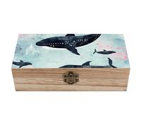 DWTJKMS Whale Grande boîte de rangement décorative en bois avec couvercle à charnière et fermoir sur le devant pour travaux manuels, boîte à bijoux vintage en bois