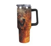 DWTJKMS Wild Wolf in The Fire - Gobelet en acier inoxydable de 1200 ml - Anti-fuite - Grande capacité - Tasse de voiture avec poignée et paille - Gobelet isotherme à double paroi sous vide