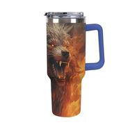 DWTJKMS Wild Wolf in The Fire Gobelet en acier inoxydable de 1200 ml étanche avec poignée et paille - Tasse isotherme à double paroi sous vide réutilisable pour garder au froid ou au chaud - Bleu