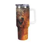 DWTJKMS Wild Wolf in The Fire - Gobelet en acier inoxydable de 1200 ml étanche - Tasse de voiture de grande capacité avec poignée et paille - Gobelet isotherme à double paroi sous vide - Réutilisable