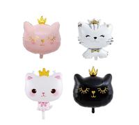 DWUENT Lot de 4 ballons d'anniversaire en forme de chat avec couronne et carte au dos, motif dessin animé mignon pour décorations de fête en noir, blanc, rose