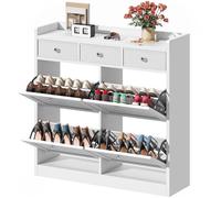 DWVO Armoire à Chaussures à 4 abattants - Blanc - Meuble à Chaussures étroit - avec tiroir pour entrée, Couloir