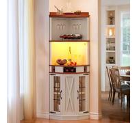 DWVO Armoire d'angle pour bar à vin de 183 cm de haut avec porte en verre et lumières LED, armoire à alcool de ferme avec porte-verre et porte-vin, armoire à alcool à 6 niveaux pour salle à manger
