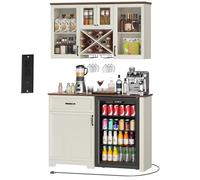 DWVO Armoire de bar à café avec mini réfrigérateur, espace de rangement et station de charge, armoires murales de cuisine avec portes en verre, rangement de vin et étagères en verre pour la maison, le