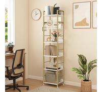 DWVO Bibliothèque à 6 Niveaux, étagère de Rangement Haute avec Cadre en Acier, bibliothèque Industrielle avec 4 Crochets, étagère sur Pied, présentoir, pour Salon, Chambre, Doré