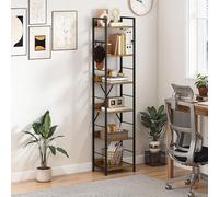 DWVO Bibliothèque à 6 Niveaux, étagère de Rangement Haute avec Cadre en Acier, bibliothèque Industrielle avec 4 Crochets, étagère sur Pied, présentoir, pour Salon, Chambre, étagère Marron Vintage