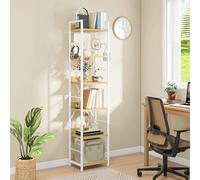 DWVO Bibliothèque à 6 Niveaux, étagère de Rangement Haute avec Cadre en Acier, bibliothèque Industrielle avec 4 Crochets, étagère sur Pied, présentoir, pour Salon, Chambre, étagère Blanche et chêne