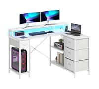 DWVO Bureau d'angle réversible en forme de L, 140 x 100 x 85 cm, avec 4 tiroirs et étagère pour écran, table en forme de L avec 2 ports de charge USB et 2 prises pour bureau à domicile, blanc