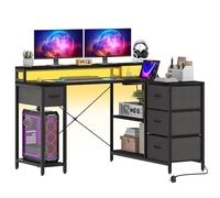 DWVO Bureau d'angle réversible en forme de L, 140 x 100 x 85 cm, avec 4 tiroirs et étagère pour écran, table en forme de L avec 2 ports de charge USB et 2 prises pour bureau à domicile, noir