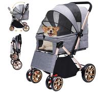 DWVO Cage de transport 3 en 1 pour chien - Pliable jusqu'à 22 kg - Roues EVA résistantes à l'usure à 360° - Panier de rangement - Fenêtres en filet - Porte-gobelet - Poussette pour chien - Gris
