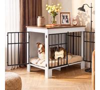 DWVO Cage pour Chiens, 85cm Cage Chien,2 Portes,Marron Rustique,85x55x70cm | Plaque Bienvenue en os, crochet et double fermeture, Niche Moderne pour Chiens, Base haute, nettoyage des poils facilité