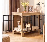 DWVO Cage pour Chiens, 85cm Cage Chien,2 Portes,Marron Rustique,85x55x70cm | Plaque Bienvenue en os, crochet et double fermeture, Niche Moderne pour Chiens, Base haute, nettoyage des poils facilité